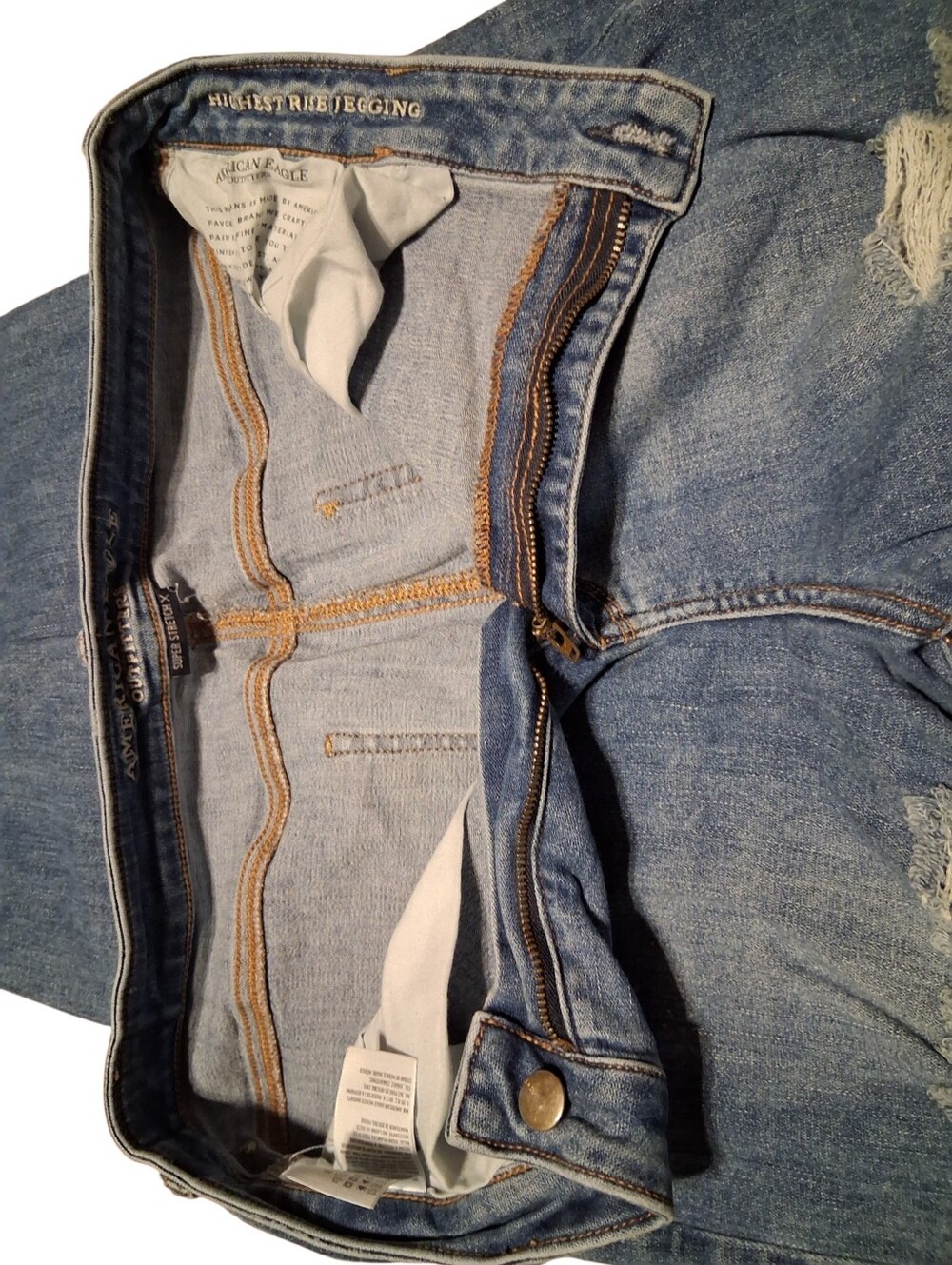 American Eagle Highest Rise Jegging Distressed Blue Denim Jeans Size 16 Short - Picture 11 of 13